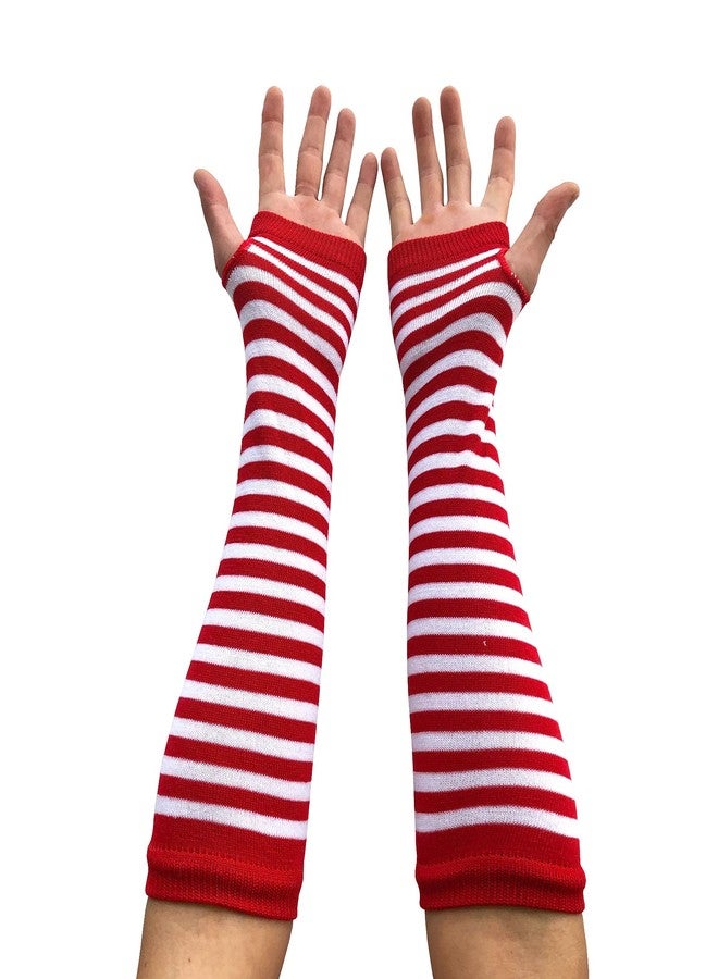 SYAYA Women Striped Long Fingerless Gloves, Winter Knitted Arm Warmers For Punk Rock/Cosplay/Goth/Christmas Party WM-S-G5 (White with Red Striped) - Image 2